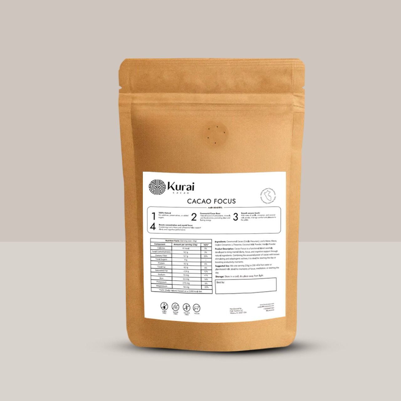 Kurai Cacao Focus | Ceremonial Cacao Blend with Lion’s Mane, Maca, L-Theanine, Cinnamon, Vanilla & Coconut Milk | For Mental Clarity, Focus and Cognitive Support