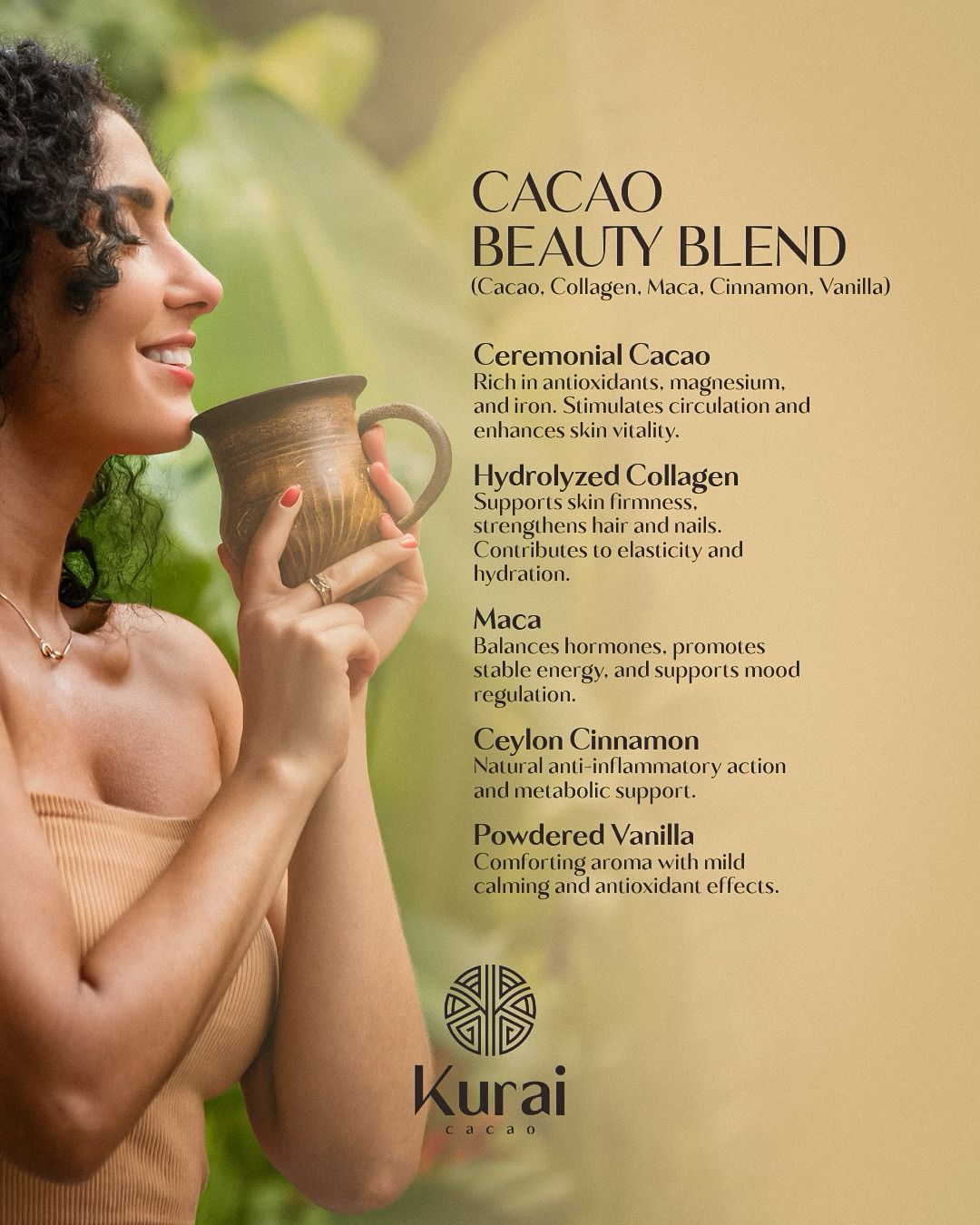 Kurai Cacao Beauty | Ceremonial Cacao Blend with Collagen, Maca, Cinnamon & Vanilla | For Skin Glow, Beauty Rituals and Self-Care