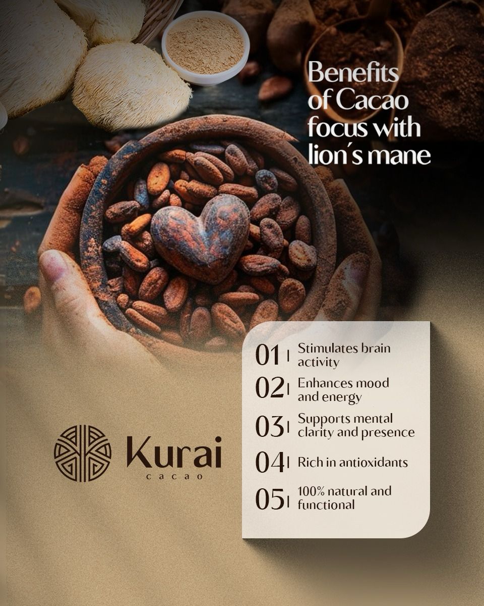 Kurai Cacao Focus | Ceremonial Cacao Blend with Lion’s Mane, Maca, L-Theanine, Cinnamon, Vanilla & Coconut Milk | For Mental Clarity, Focus and Cognitive Support